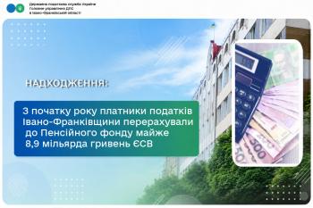 З початку року платники податків Івано-Франківщини перерахували до Пенсійного фонду майже 8,9 мільярда гривень єдиного внеску