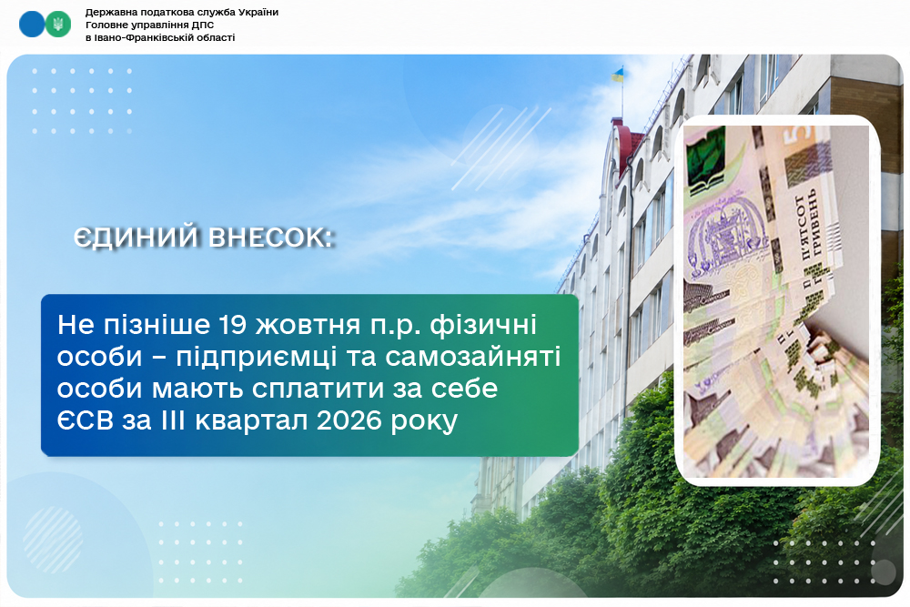 Не пізніше 19 жовтня п.р. фізичні особи – підприємці та самозайняті особи мають сплатити за себе єдиний внесок за III квартал 2026 року